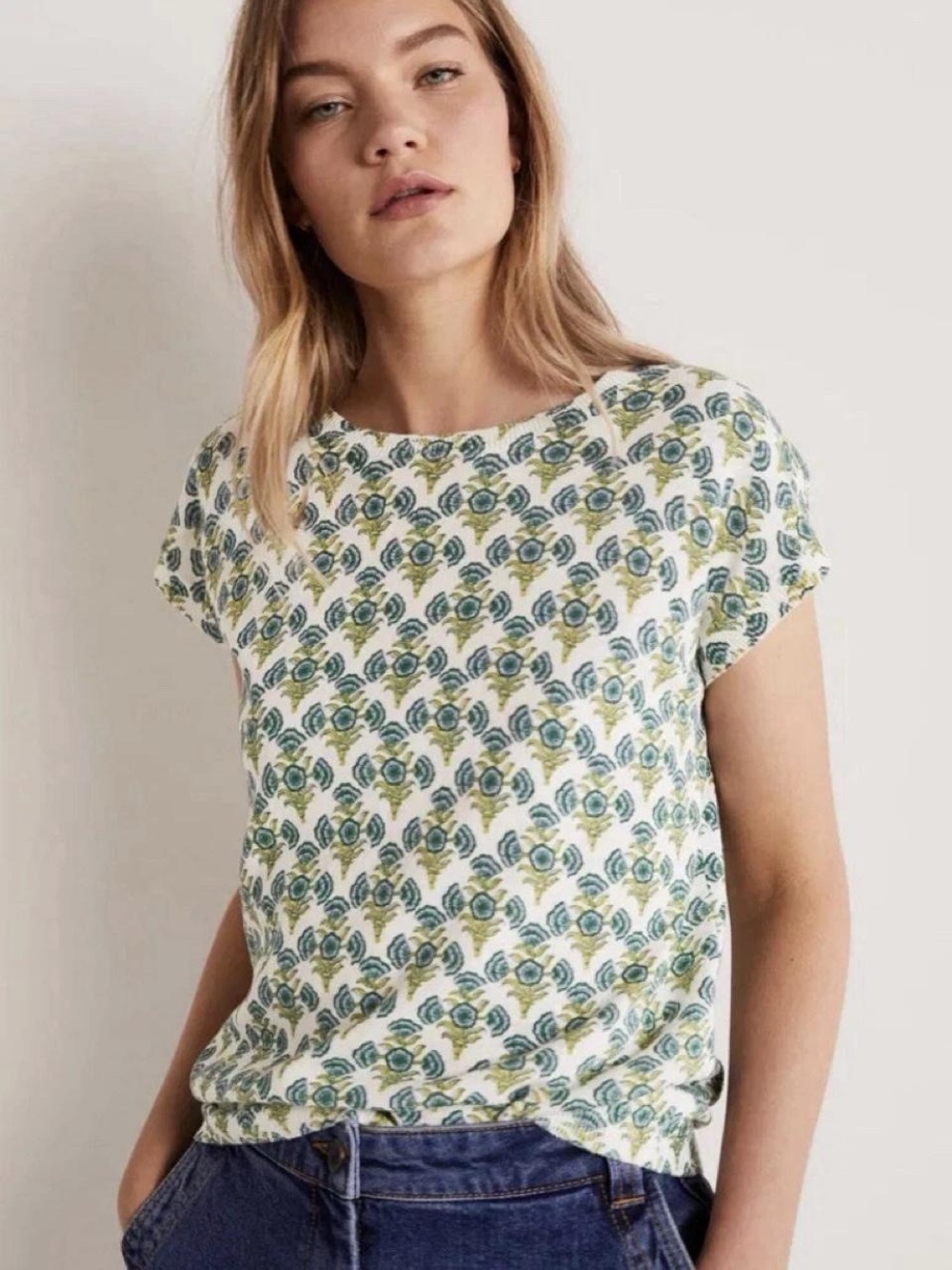 Boden White Tank Top with Blue and Green Floral Print